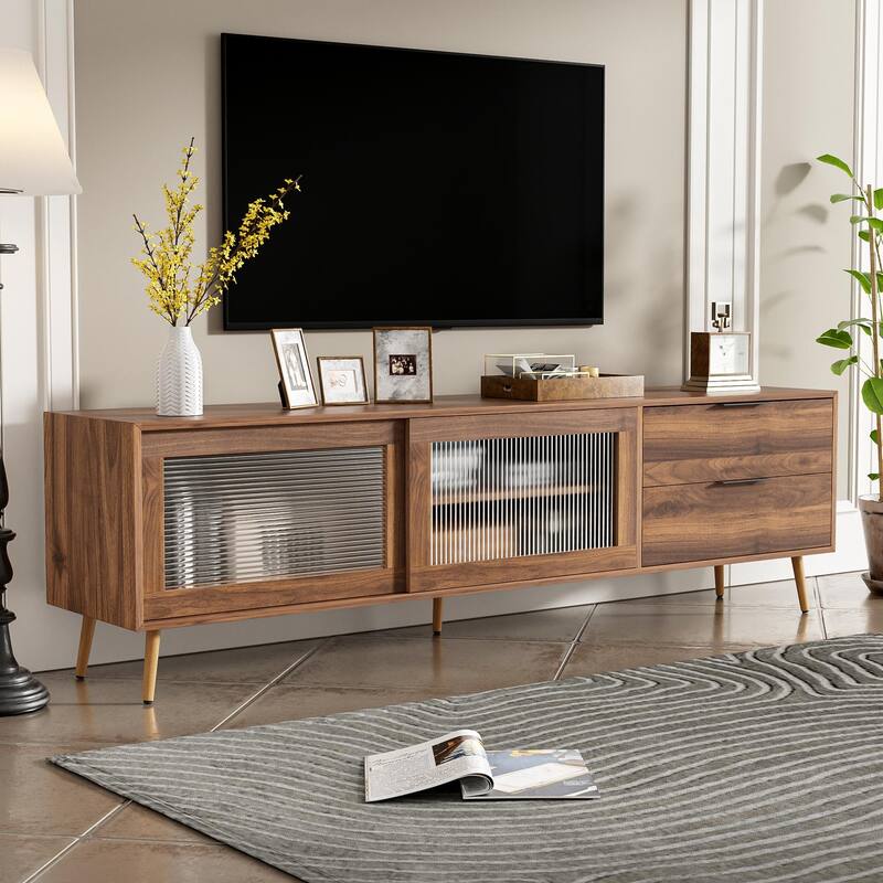 Roomfitters 70" TV Console for 75"+ TVs, Media Unit with 2 Glass Doors, 2 Drawers and Storage Cabinets, Modern Style, Walnut