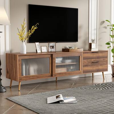 TV Stand with 2 Glass Doors, Entertainment Center with 2 Drawers and Open Shelves, Media Console Table with Solid Wood Legs
