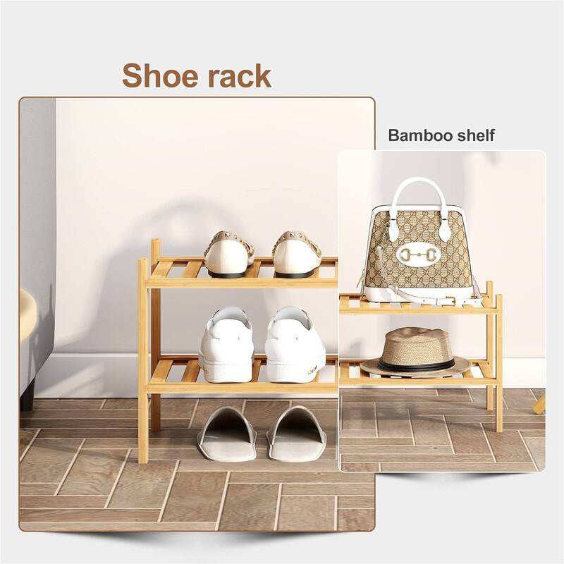Bamboo Shoe Rack Stackable Shoe Shelf Storage Organizer for Unit Entryway - 12.6"D x 27"W x 11"H