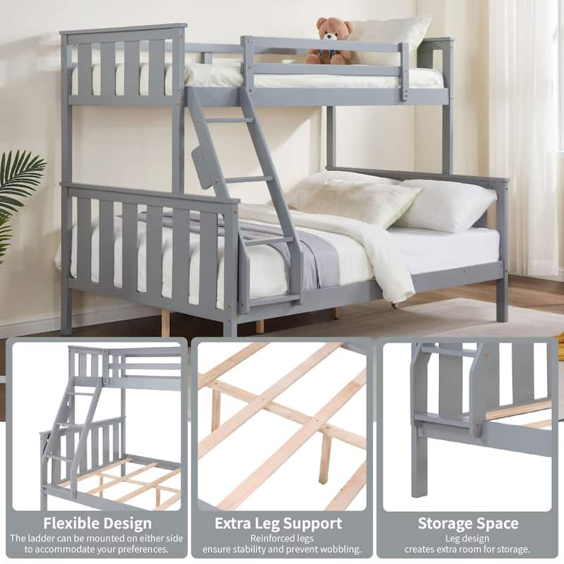 Twin Over Full Bunk Bed, Solid Wood Frame, Ladder, Slats,No Box Spring