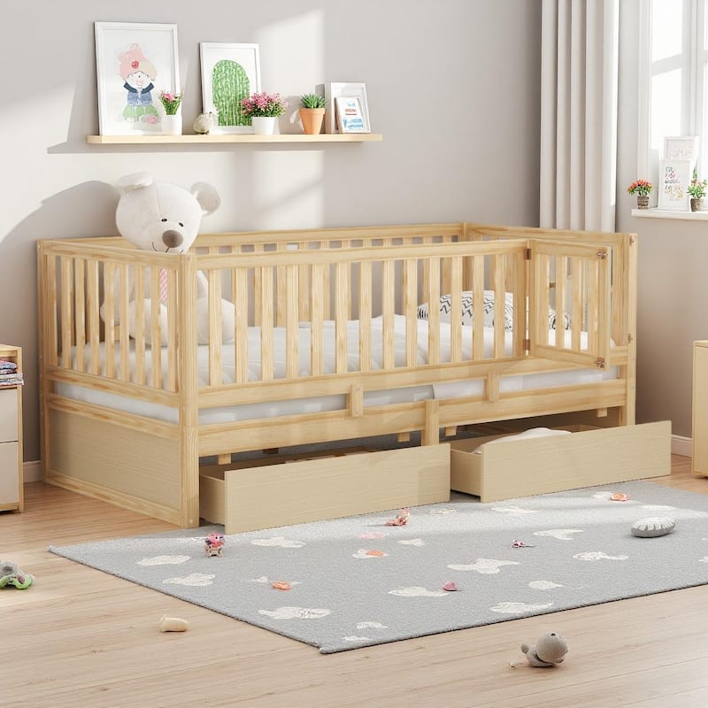 Pine Wood Daybed with Removable Fence Guardrails & Dual Storage Drawers by Harper&Bright Designs - Natural - Twin