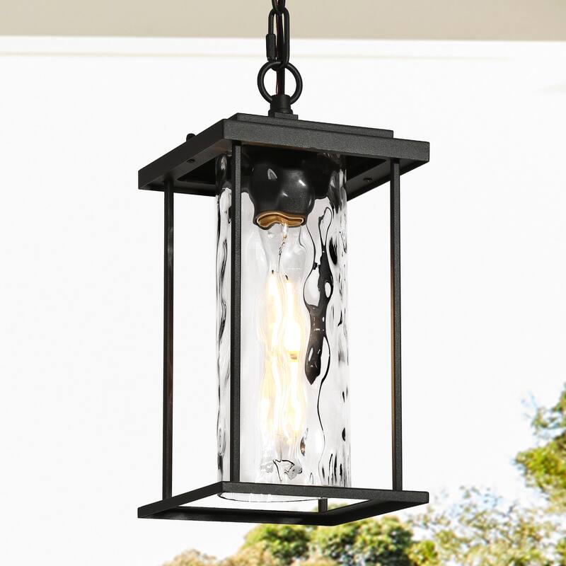 Modern 1-Light Black Outdoor Pendant Water Ripple Glass Porch Lantern - L 6.7" x W 6.7" x H 14.2"