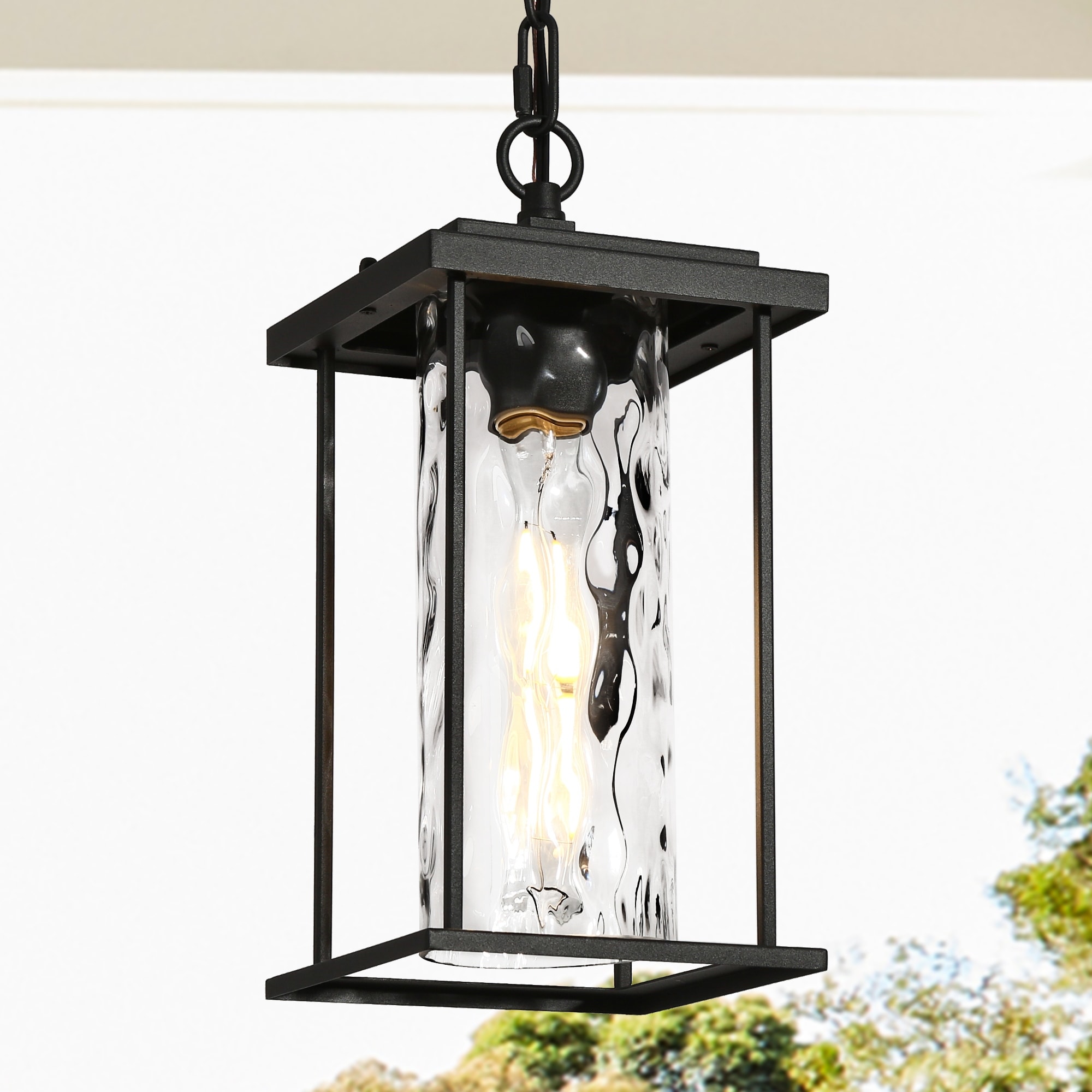 Modern 1-Light Black Outdoor Pendant Water Ripple Glass Porch Lantern - L 6.7" x W 6.7" x H 14.2"