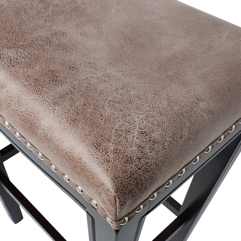 2-Pcs Set Wooden Frame Barstool, Nailhead Trim Saddle Bar Chair, Backless Counter High Chair, Upholstered Dining Chair