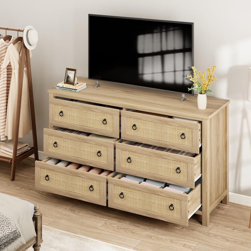 Boho Wide Drawer Dresser with Storage, Wooden Closet Dressers Chest of Drawers Freestanding for Bedroom
