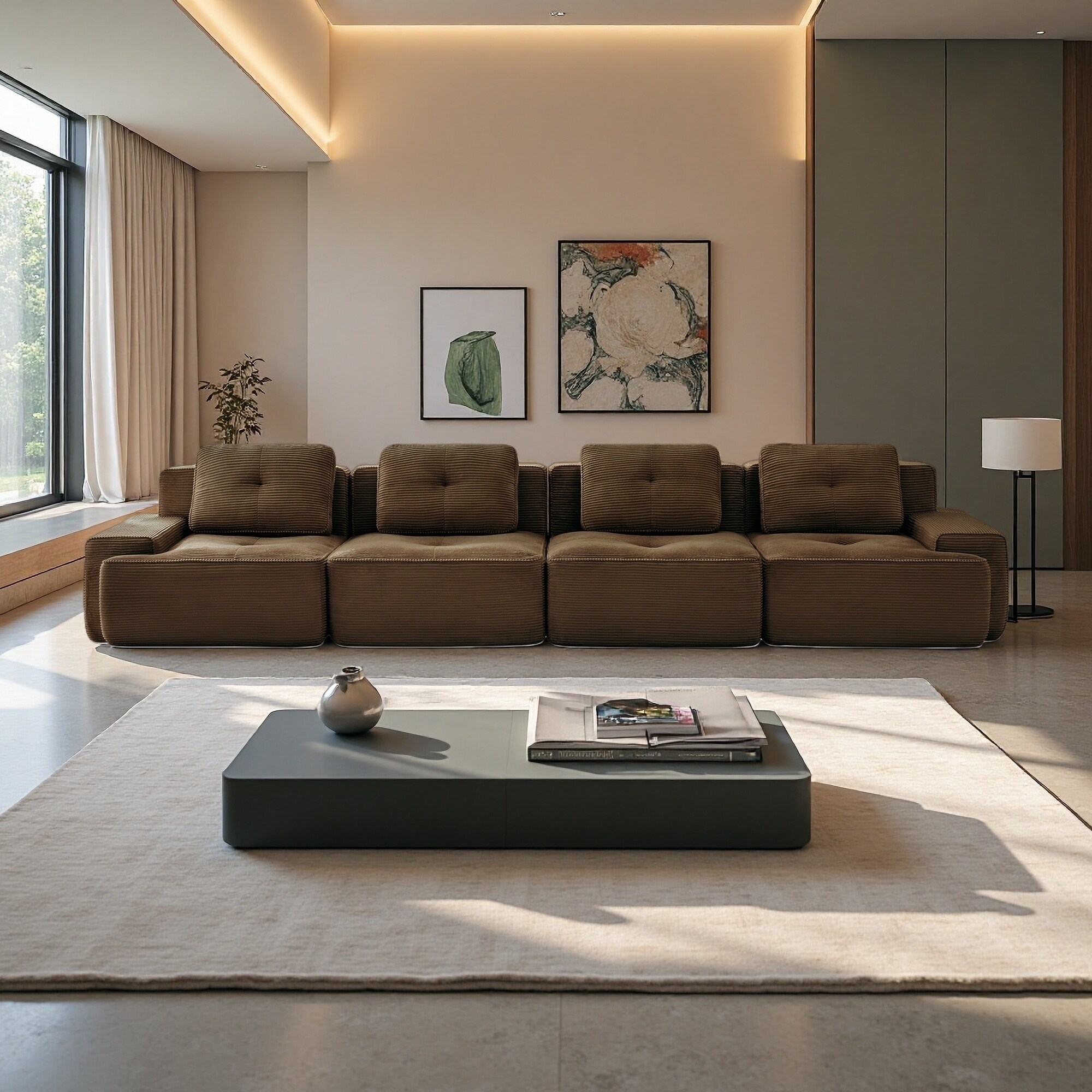 152.8" Corduroy Modular Sectional Sofa with Deep Seat and Tufted Design