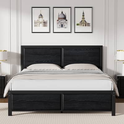 VECELO Platform Bed Frame with Wooden Headboard, Heavy Duty Steel Slats Support, No Box Spring Needed