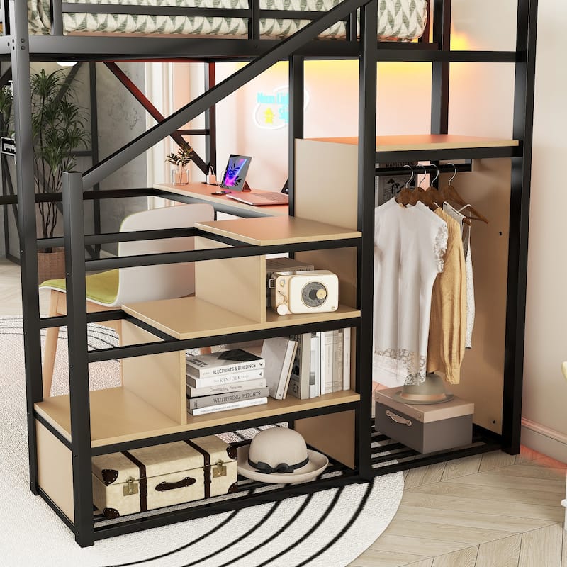 Metal Loft Bed with Storage Stairs Upper Storage Shelves and Wardrobe, Metal Structure Bed Optional Desk Charging Station