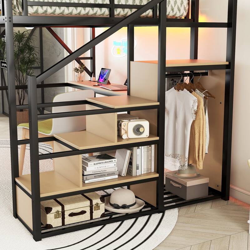 Queen Size Metal Loft Bed with Desk, Stairs, Charging Station, and Storage for Kids and Teens