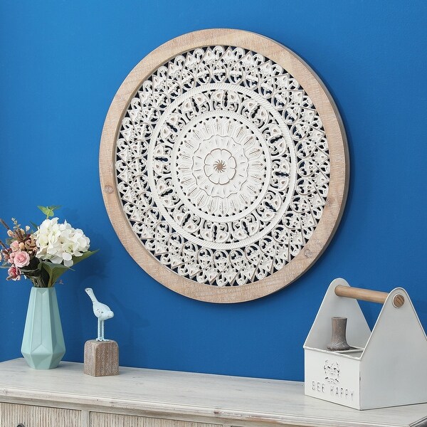 Distressed White Wood Flower Mandala Natural Wood 25.4