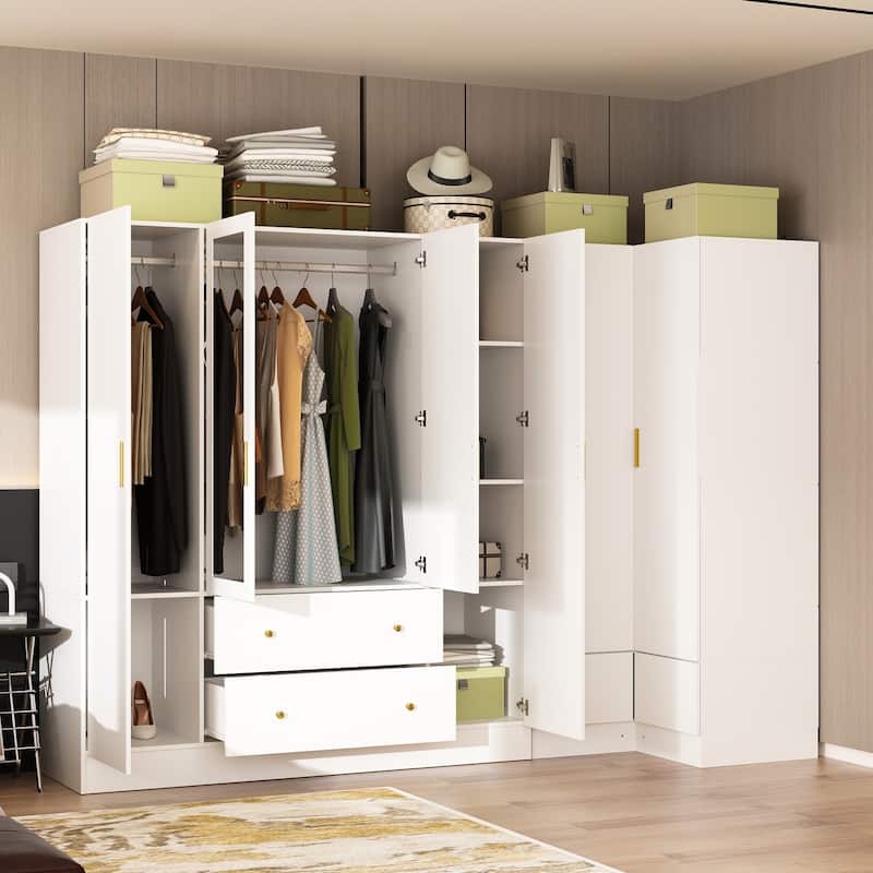 4 Door Wardrobe Large Storage Cabinet Armoire with Mirror and 2 Drawer