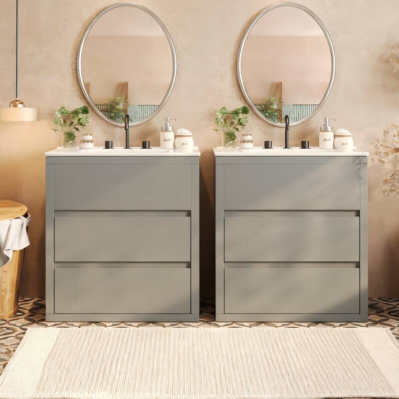 60" Double Sinks Bathroom Vanity Set, Bathroom Cabinet with Two Separate Ceramic Sinks, Soft Close