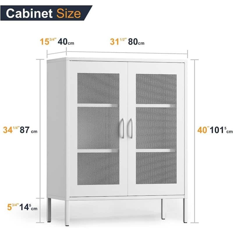 Industrial Steel Storage Cabinet with Mesh Doors, 2 Shelves, Magnetic Closure, 40" Tall Freestanding Organizer