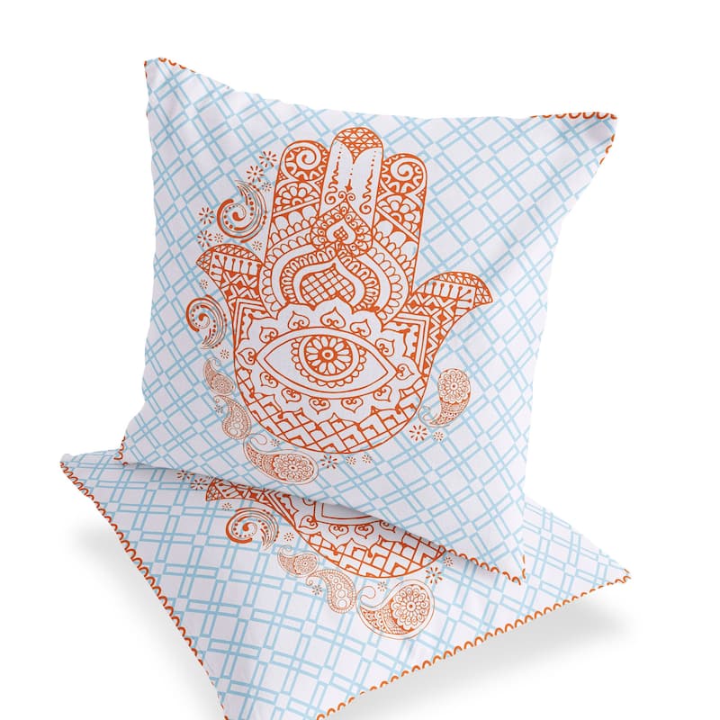HomeRoots Set of Two 16" X 16" Blue and Orange Blown Seam Hamsa Indoor Outdoor Throw Pillow - 16.00' X '16.00' X '5.00