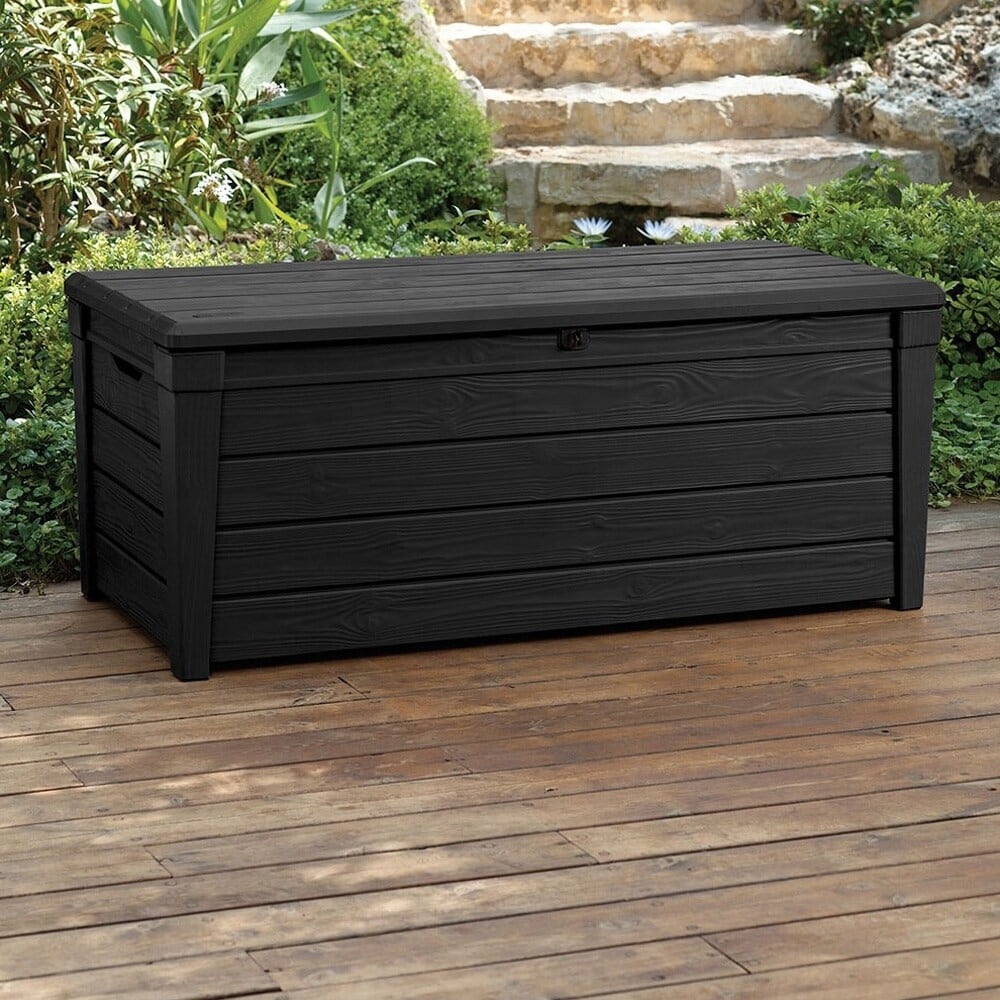 55 Gallon Wood Look Deck Box Storage Table Brown Plastic Uv Protected Water Resistant 