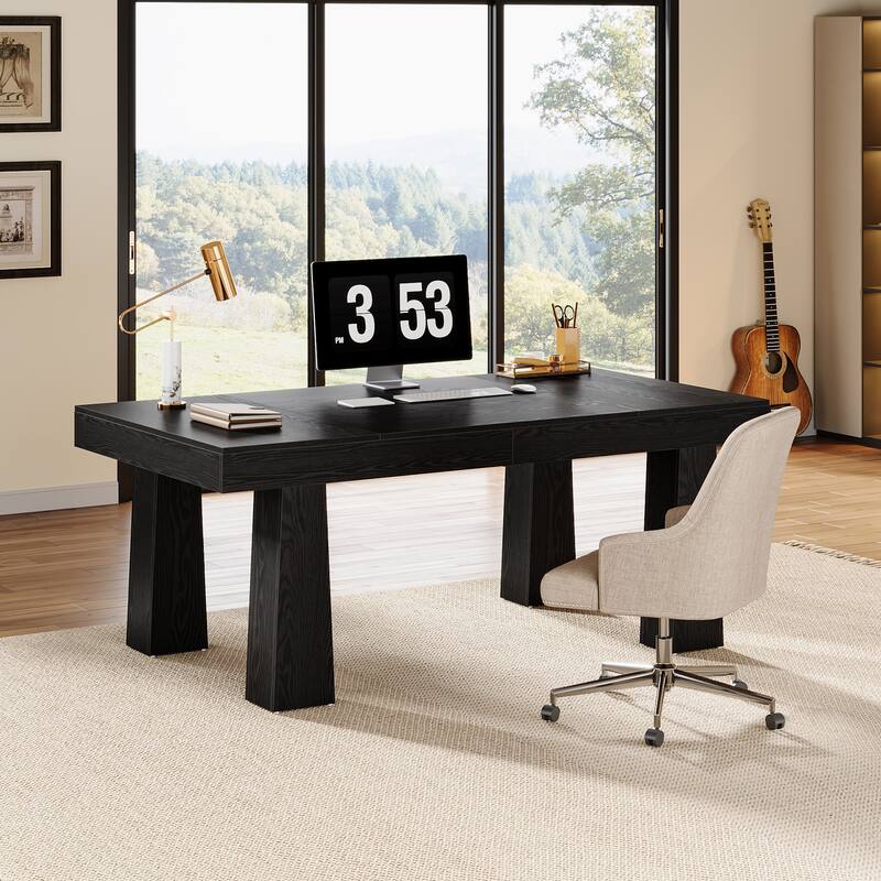 Black Executive Computer Desk with Tapered Legs for Home Office