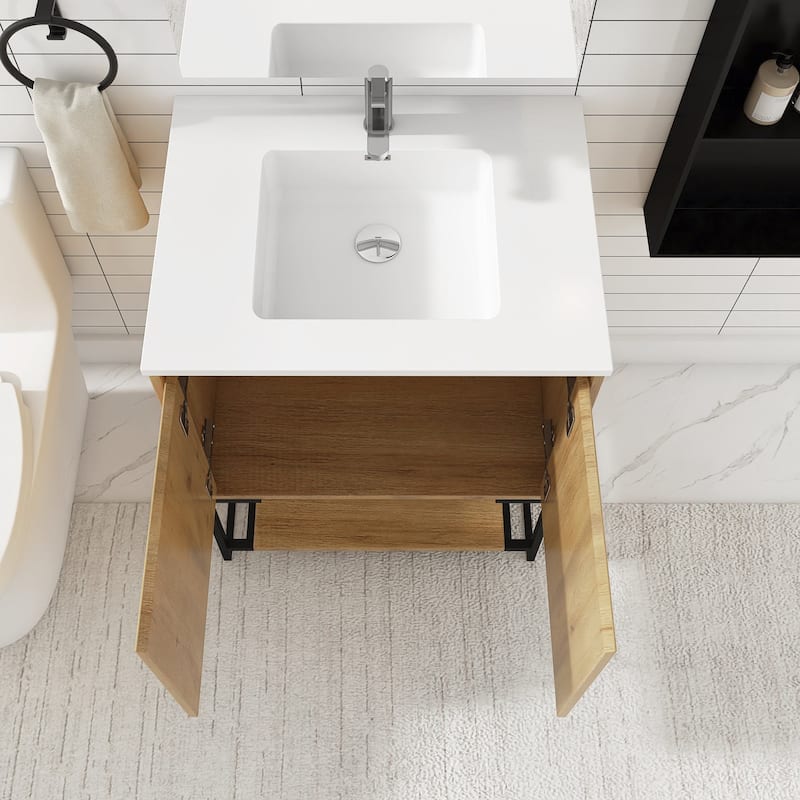 Freestanding Bathroom Vanity Set in Oak with Integrated Solid Surface Sink