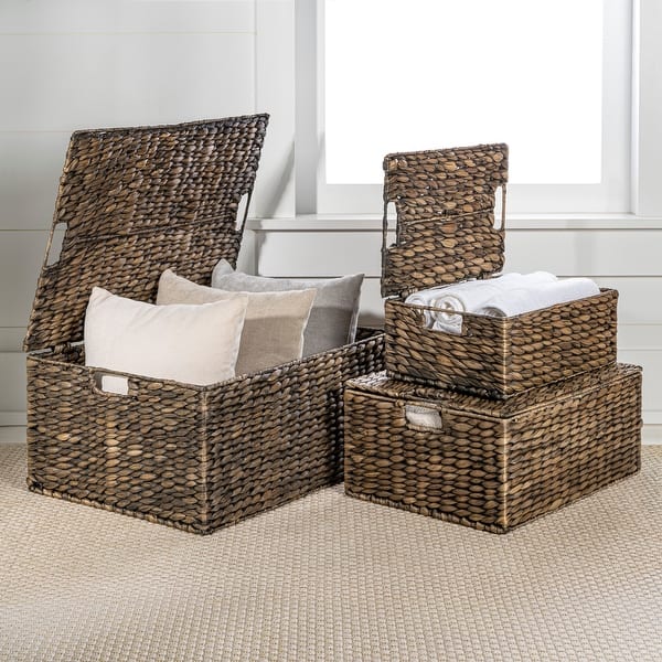 slide 2 of 5, Woven Rectangular Storage Baskets with Lids & Handles (Set of 3) Brown