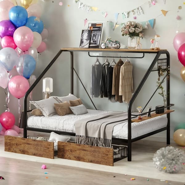 slide 2 of 11, Full Size Metal Frame Platform Bed with Clothes Rack and Storage Shelves and 2 Drawers for Bedroom Black