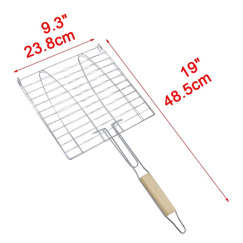 Wooden Handle Metal Mesh Fish Meat Barbecue Grill Grilling Folder Clip Clamp - 19" x 9.3" x 0.6"(L*W*T) - Silver