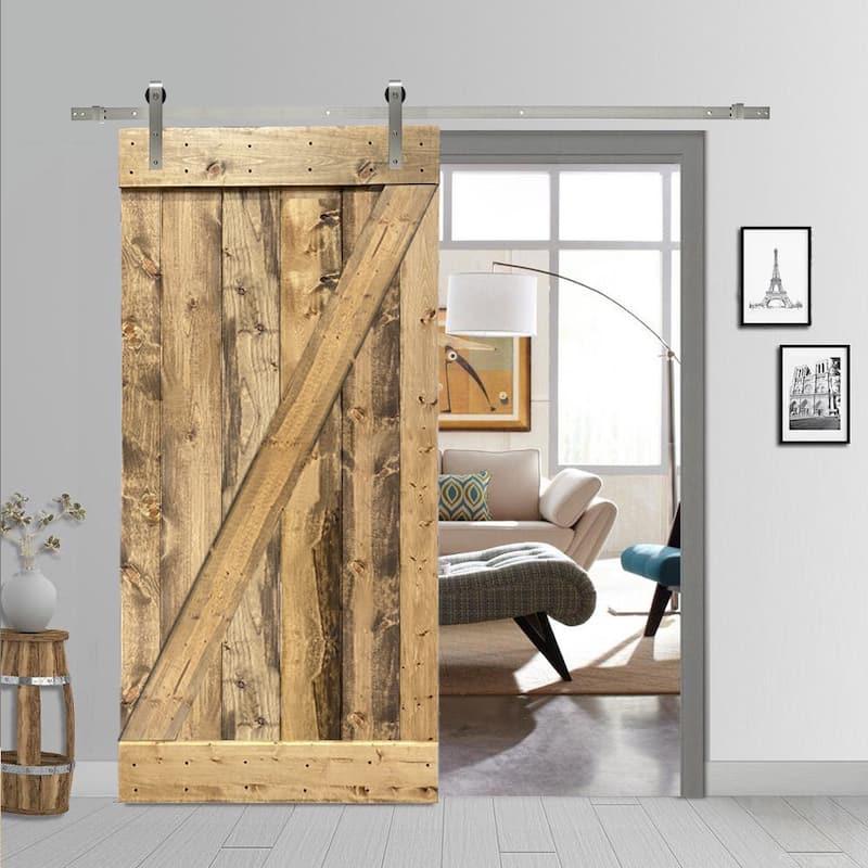 CALHOME Z Bar Series Solid Pine Wood Sliding Barn Door w/ Hardware Kit - Weather Oak - 24 x 84