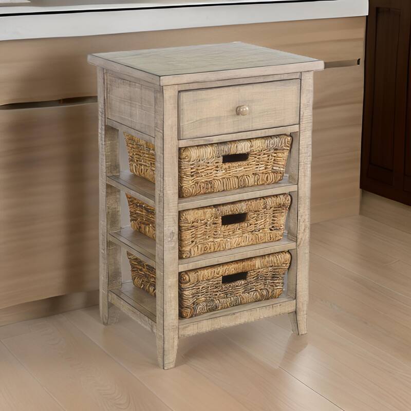 Rena End Table, 3 Natural Rattan Storage Baskets, 20 Inch Brown Wood