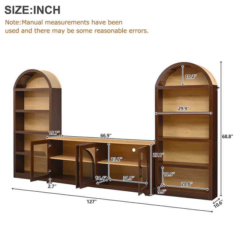 3-Piece Entertainment Center with Bookshelves for TVs up to 70", Retro Wall Unit TV Stand with Glass Doors, Media Console Table