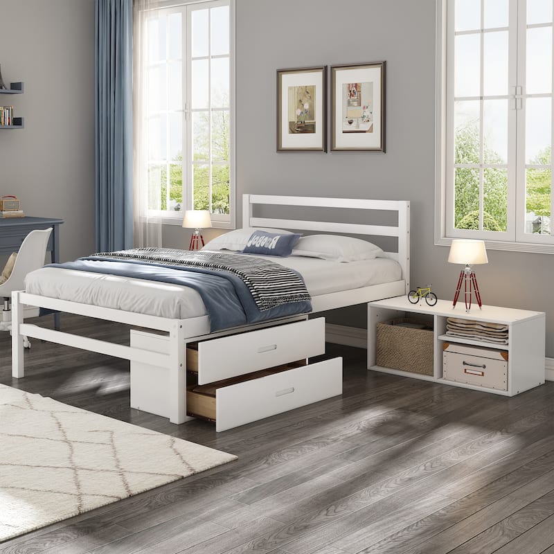 Wood Platform Bed with Removable Storage Shelves and Two Drawers