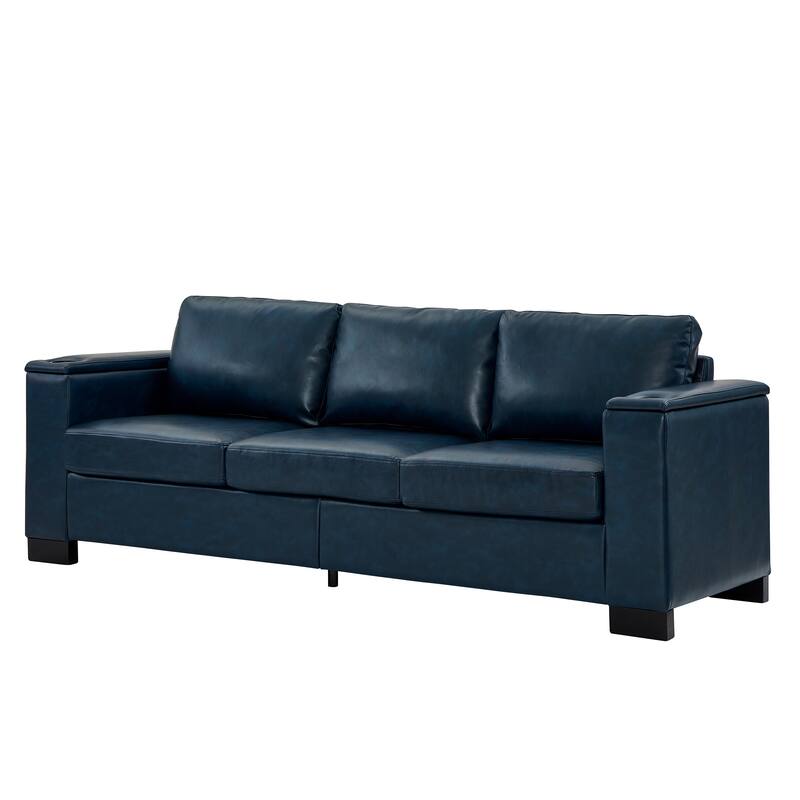 Faux Leather Upholstered Loveseat, Oversized 3 Seater Sofa with Square Arms, Deep Seat Sofa with Cup Holder & Storage