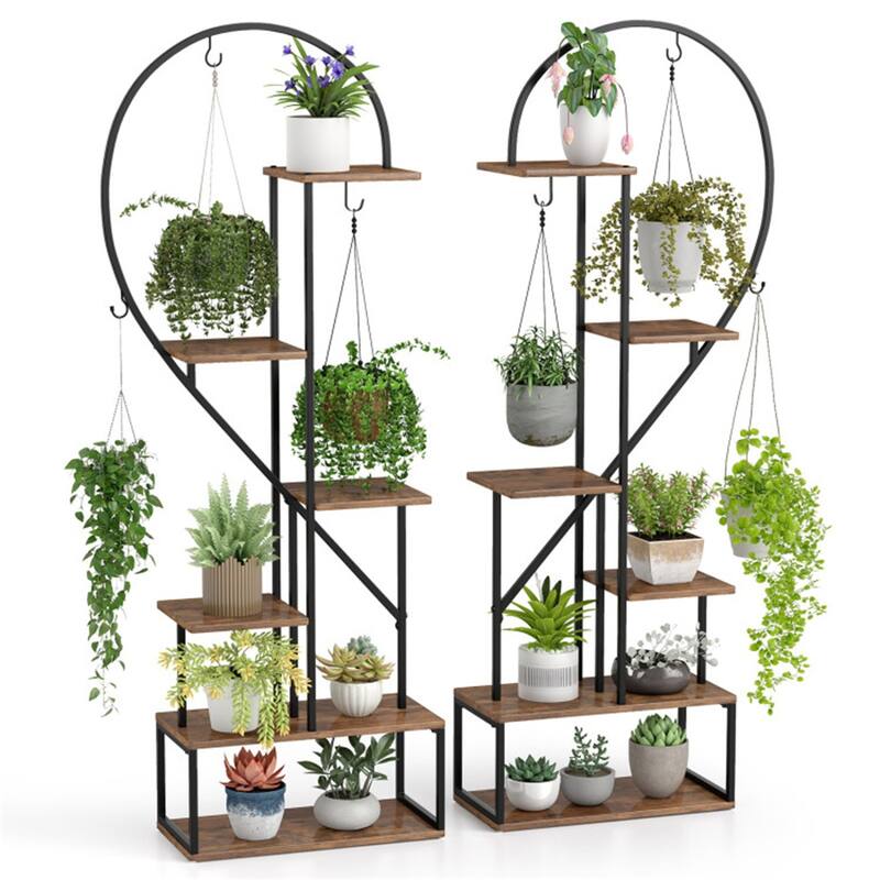 2 Pieces 6-Tier Flower Display Stand with Hooks and Heart-Shaped Plant Shelves for Home Decor - 22" x 11" x 66"