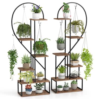 2 Pieces 6-Tier Flower Display Stand with Hooks and Heart-Shaped Plant Shelves for Home Decor - 22" x 11" x 66"