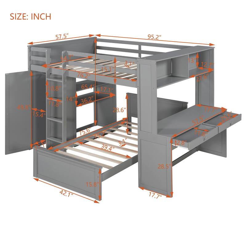 Twin/Full Loft Bed with Stand-Alone Bed, Desk, Shelves & Wardrobe, Wooden Frame with Storage and Guardrail