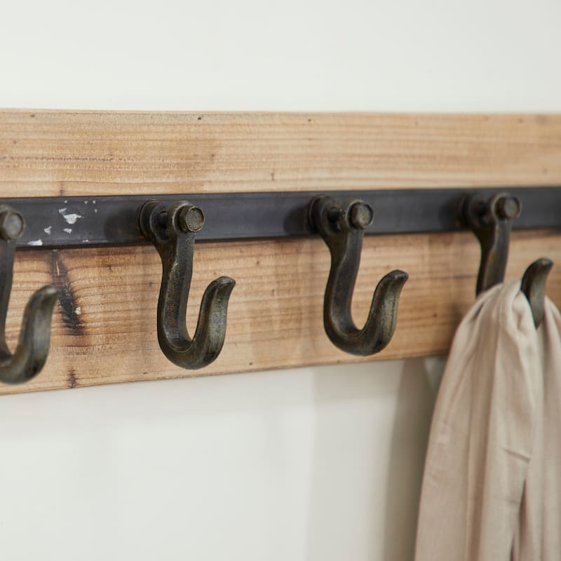 Wood 5 Hanger Wall Hook with Black Metal Hardware - Brown - Roche River Decor - 4"W x 24"L x 6"H