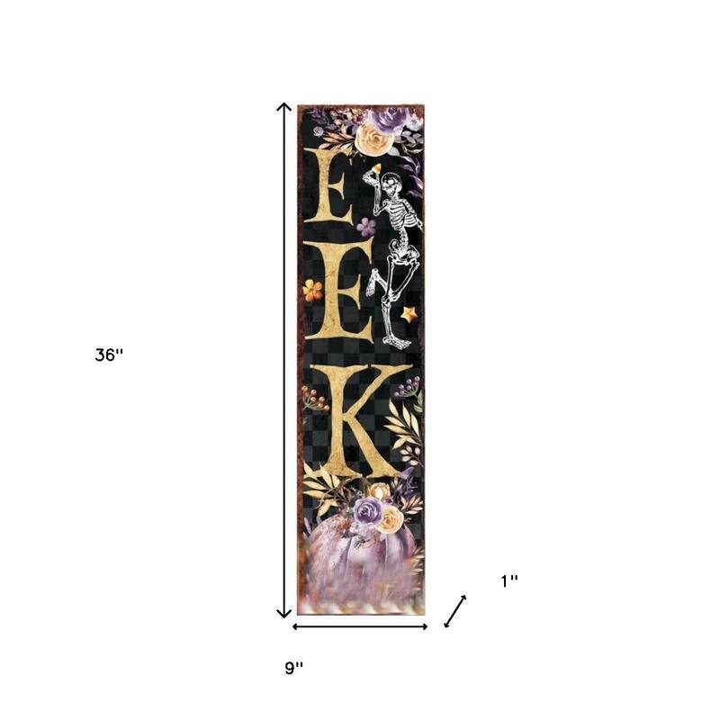 HomeRoots 36" Black Gold And Purple Solid Wood Eek Halloween Skeleton Porch Sign