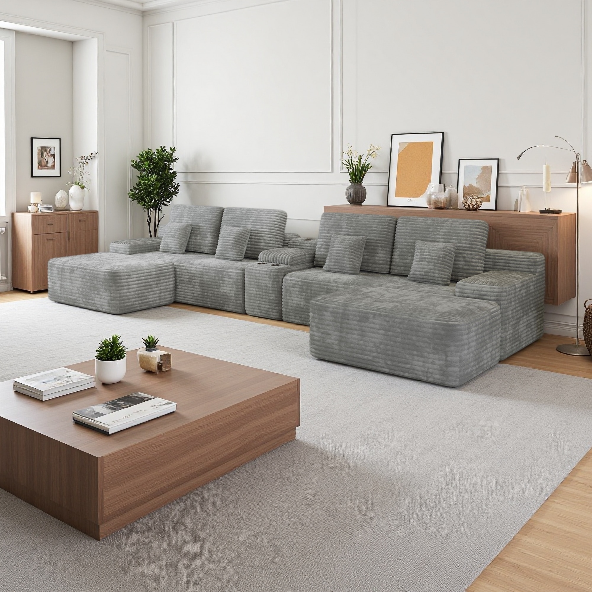 150" Corduroy U-Shaped Sectional Sofa with 2 Ottomans, Storage Console & Wireless Charging (6-Seater)