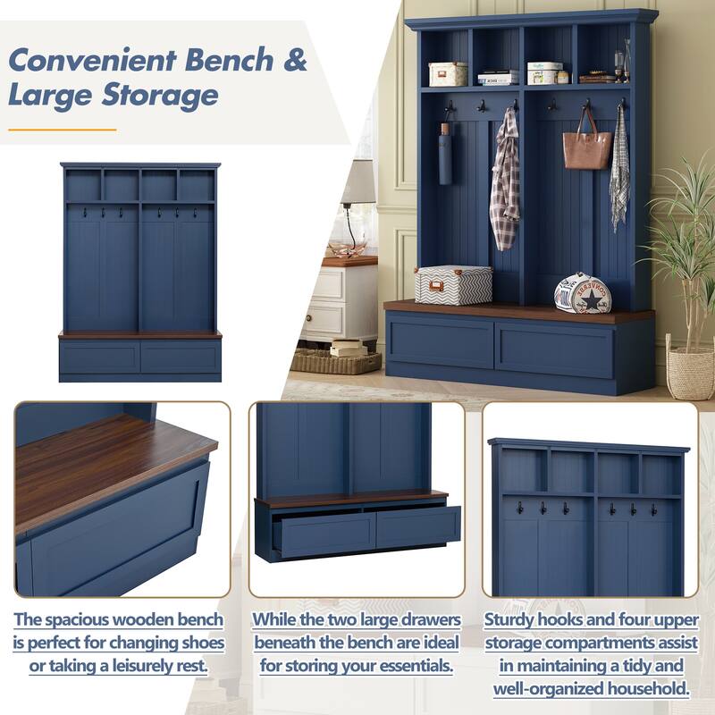 Farmhouse Wood Hall Tree with Shoe Bench and 2 Large Drawers, 4-in-1 Coat Rack with 6 Hooks