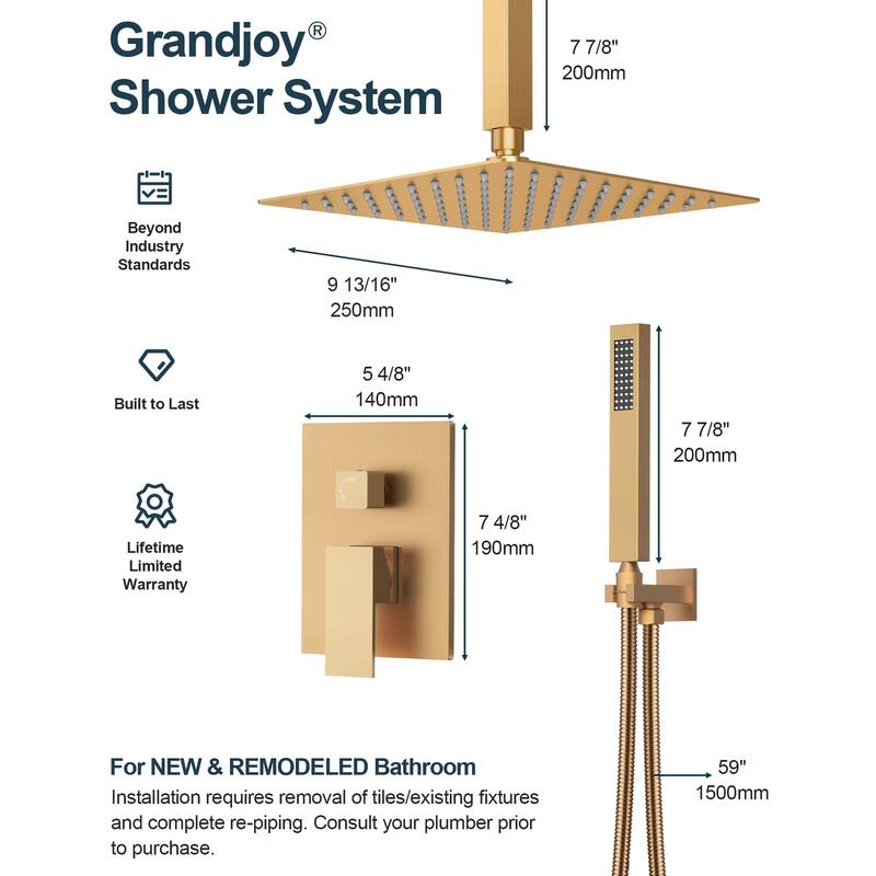 GRANDJOY 10" Rainfall Showerhead Bathroom Shower System Shower Faucets with Anti-Scald Valve