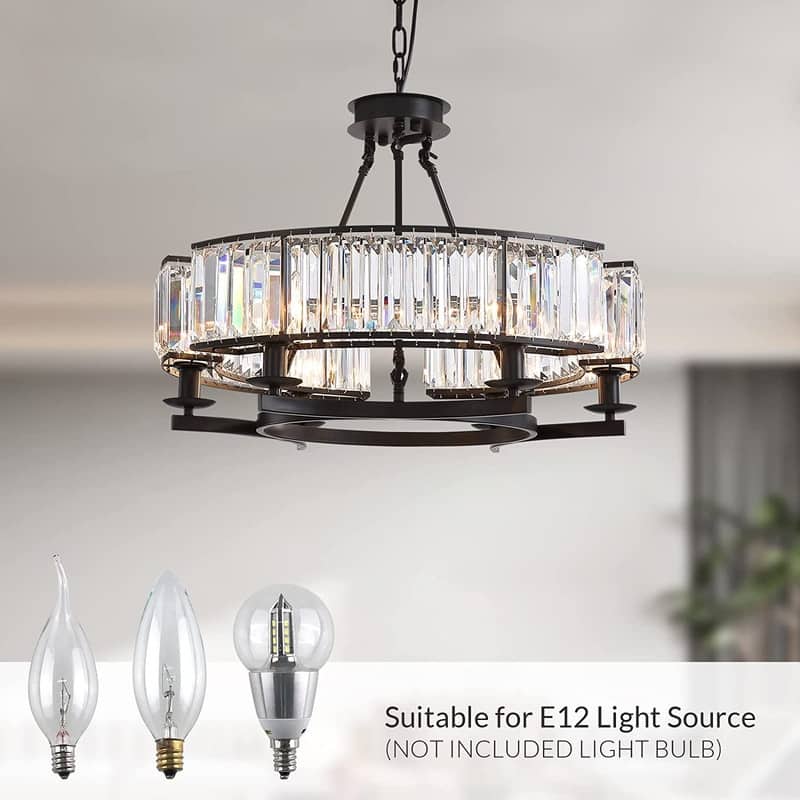 26 in. Round Crystal Chandelier Black Industrial Dining Room Light Fixtures 6-Light for Farmhouse Living Room Foyer