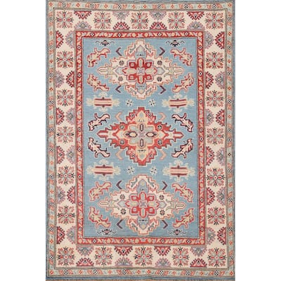 Light Blue Kazak Oriental Area Rug Hand-Knotted Wool Carpet - 4'1"x 6'0"
