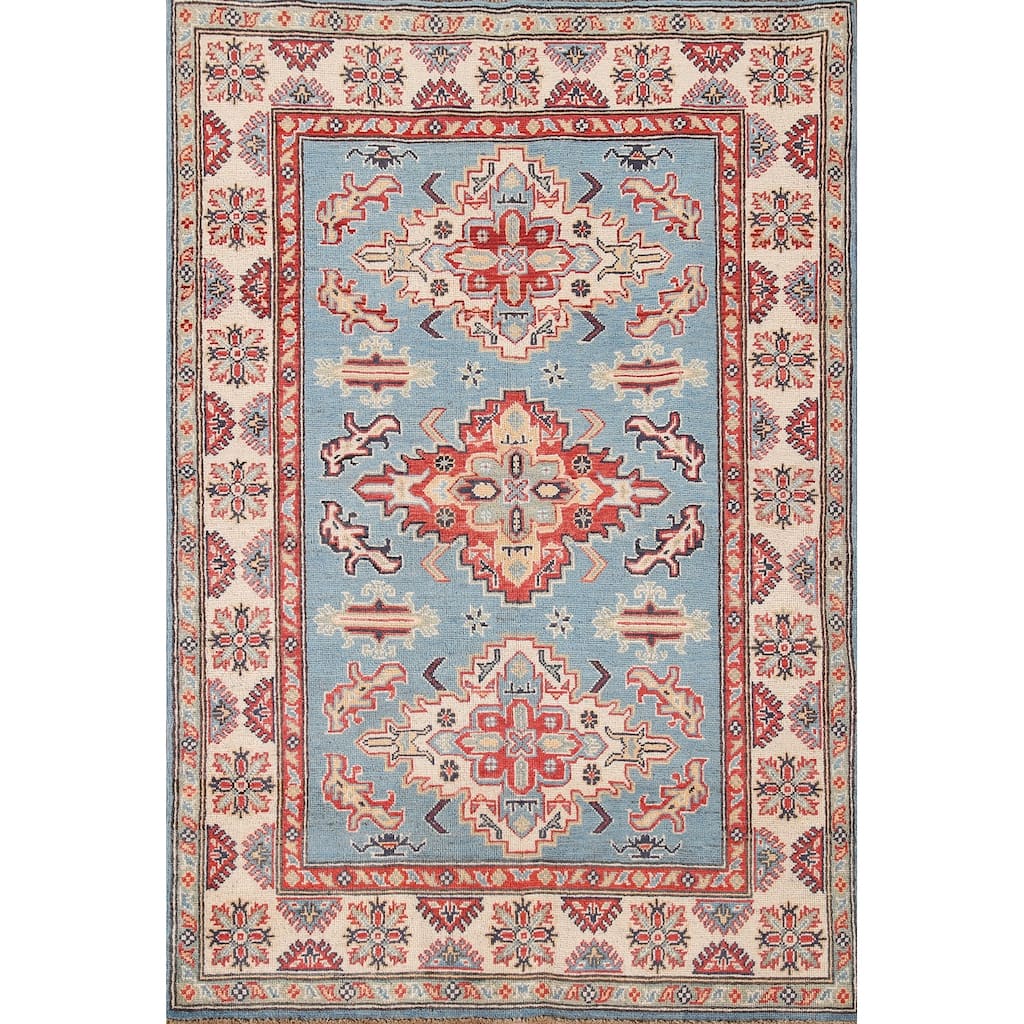 Light Blue Kazak Oriental Area Rug Hand-Knotted Wool Carpet - 4'1"x 6'0"