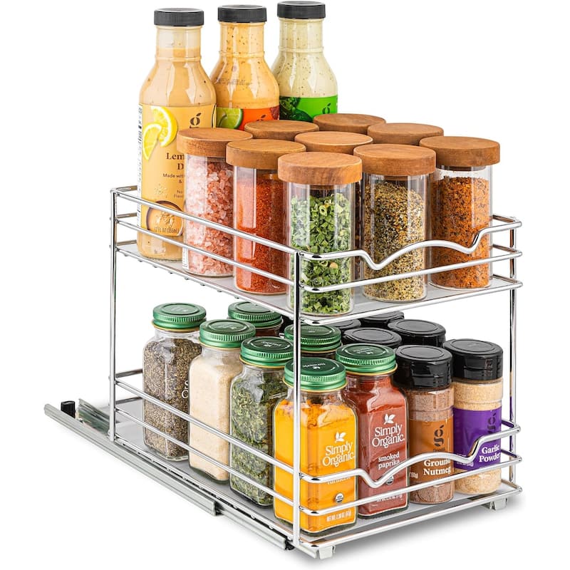 Hold N' Storage - 2 Tier Pull Out Cabinet Organizer for Spices, Cans - Heavy Duty with Lifetime Limited Warranty - 8.5" D x 10.75" W x 8.75" H - Chrome