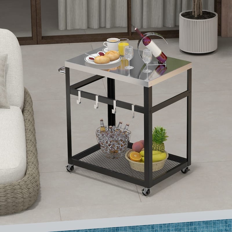 Gymax 2-tier Stainless Steel Grill Cart w/ Wheels & Handle 4 Hooks