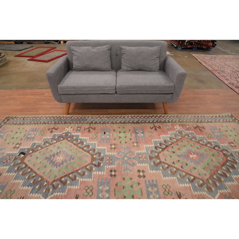 Hand Woven Oriental 100% Wool Carpet Southwestern Tribal Pink Kilim Area Rug - 10' 5'' X 5' 0''