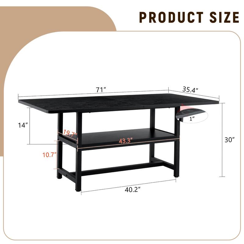 Extra Long Dining Table with Under Table Storage Shelf Black MDF Top Metal Legs Modern Design