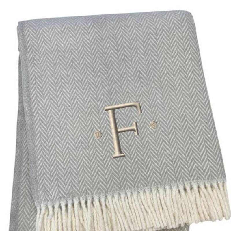 55" X 70" Gray And White Herringbone Cotton Blend A Initial Throw Blanket with Tassels And Embroidery