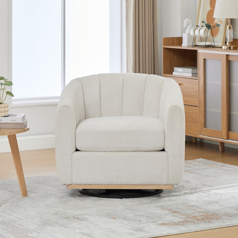 Chenille Upholstered Swivel Barrel Chair, Tufted Pumpkin-Shape Club Armchair, Lounge Reading Chair with Metal Base