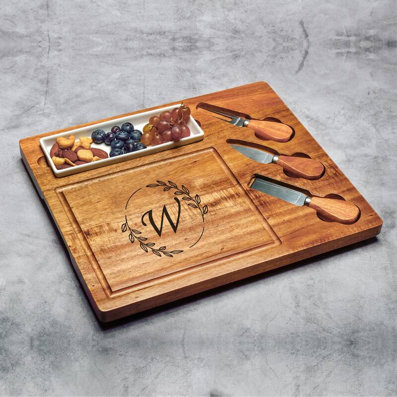 Picnic at Ascot Personalized Acacia Charcuterie Board Set with Ceramic tray & Cheese Tools - W