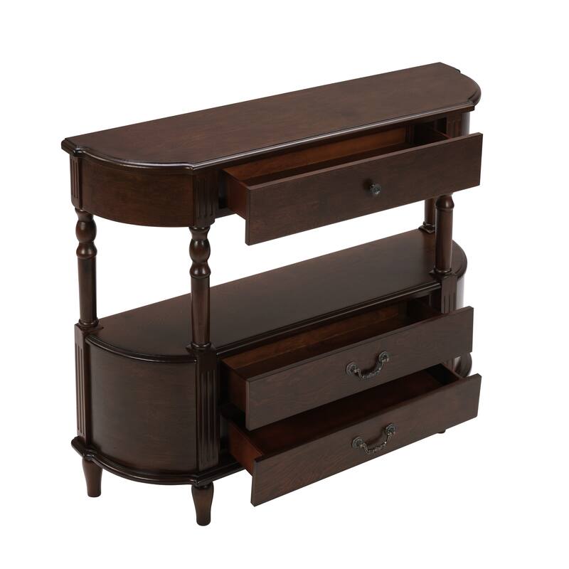 43"Retro Curved Wood Console Table with 3 Drawers and Storage Shelf