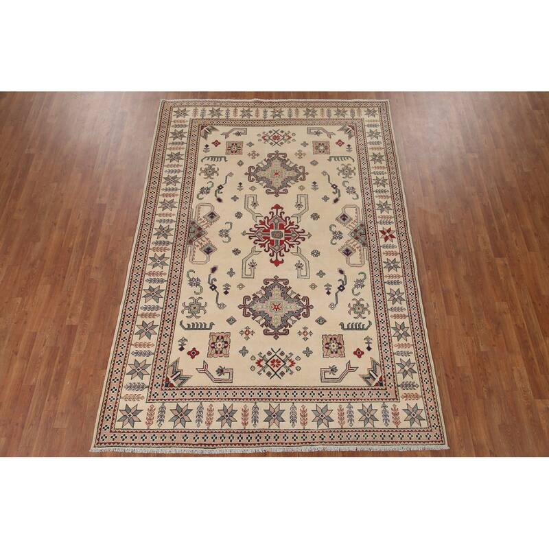 Hand Knotted Oriental 100% Wool Carpet Traditional Geometric Beige & Ivories Kazak Area Rug - 9' 7'' X 6' 7''