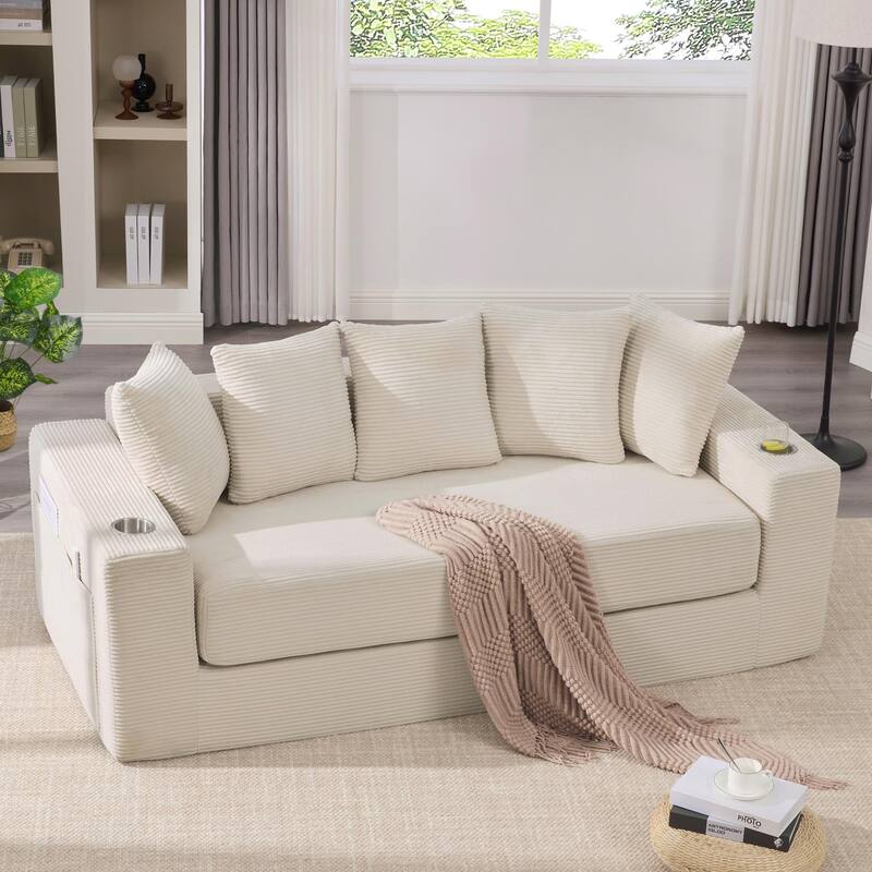 2-in-1 Convertible Sleeper Sofa, Floor Folding Couch, Sofa Bed with Side Pocket, Pull Out Loveseat with Cup Holders